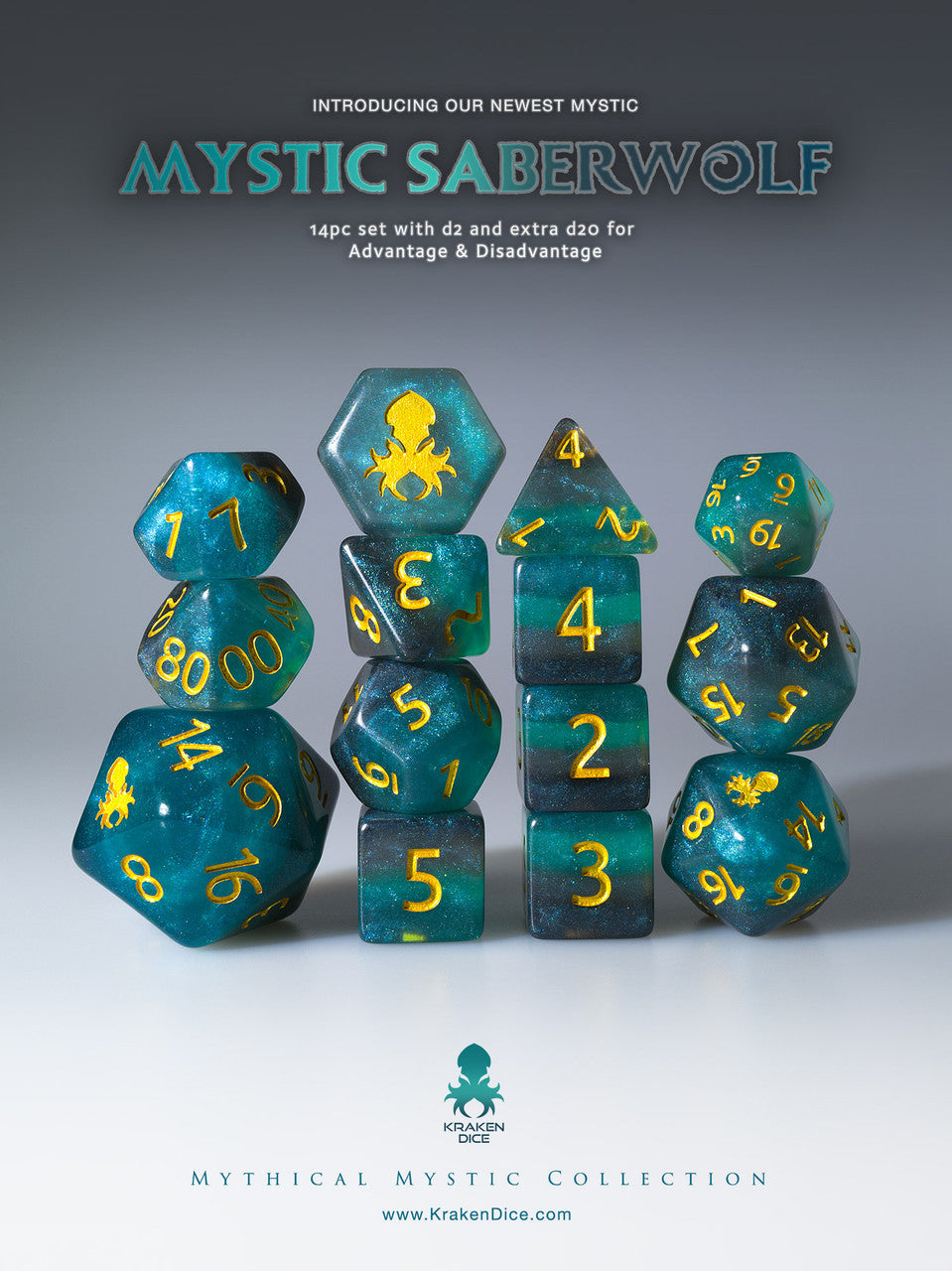 Mystic SaberWolf 14pc Gold Ink Dice Set With Kraken Logo